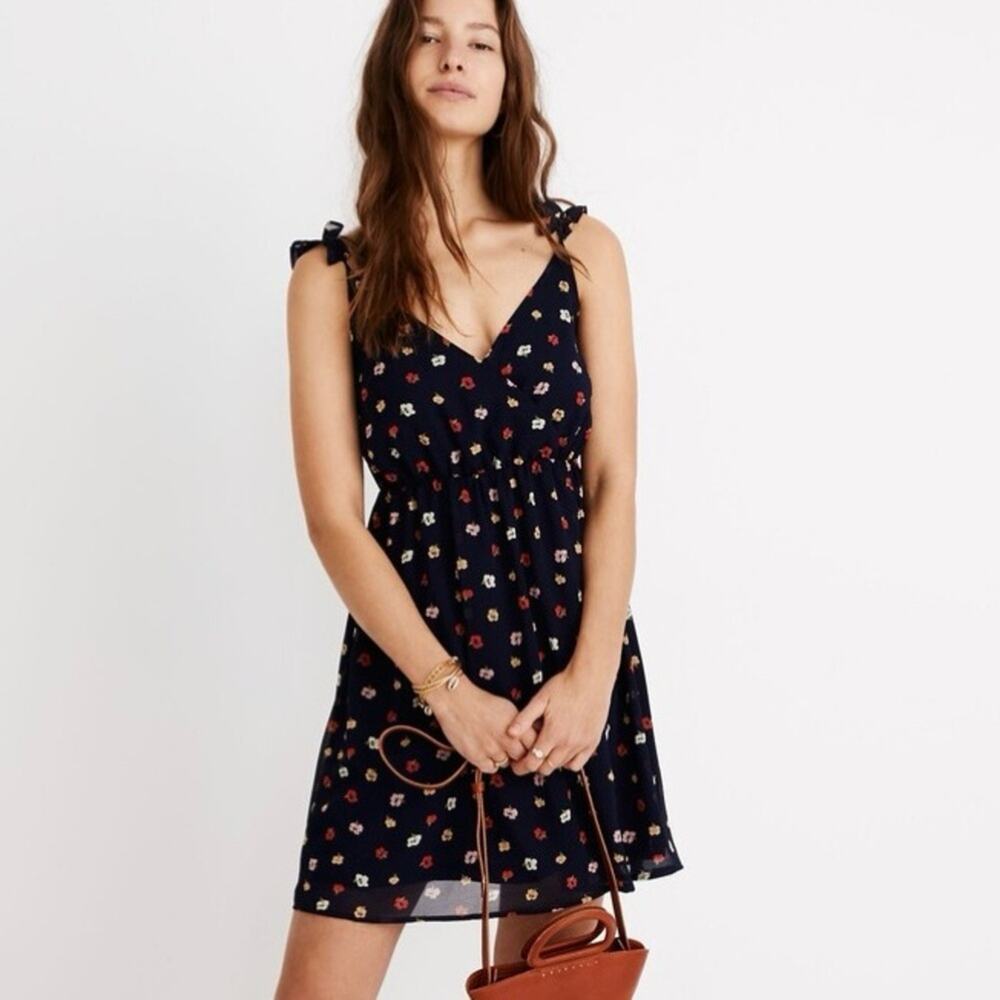 Madewell Women's Blue Confetti Floral Ruffle Strap Faux Wrap Dress Size 00